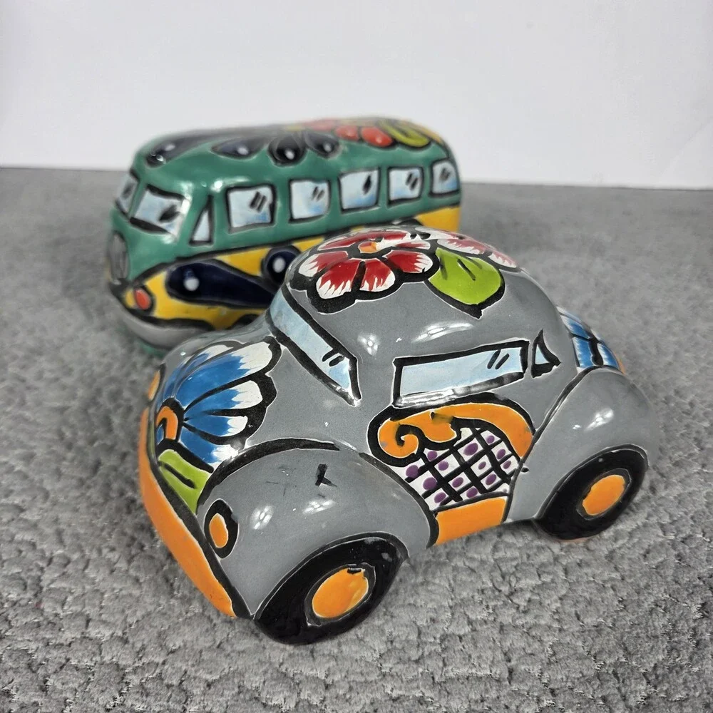 Talavera Pottery Hand Painted VW Beetle And Bus Figurines Mexican Art